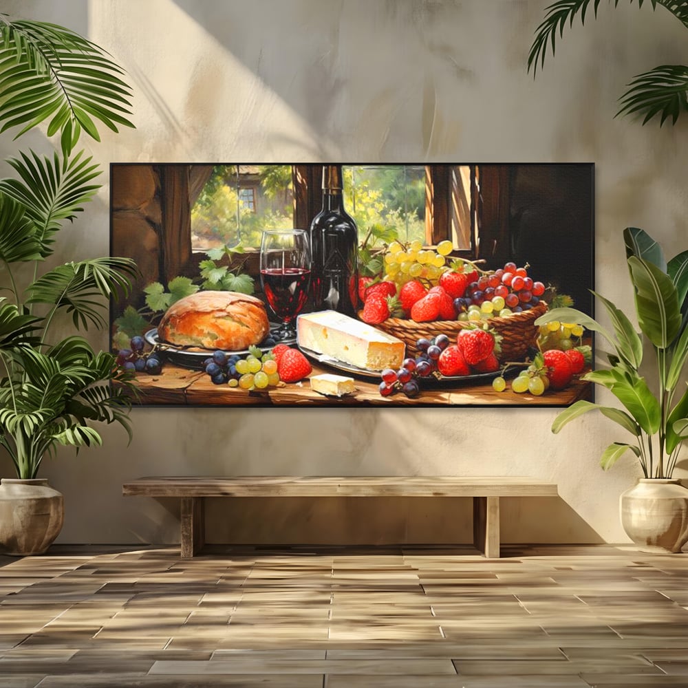 Tablou canvas cu natura moarta cu paine si vin, in rama de aluminiu negru